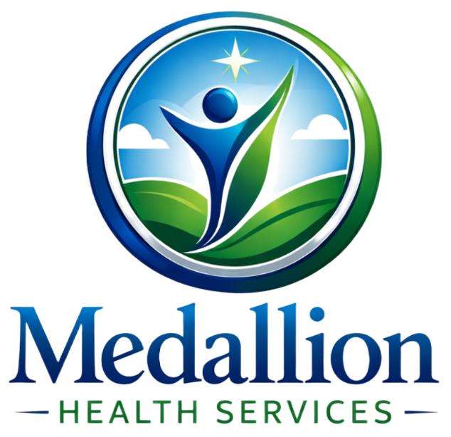 Logo for Medallion Health Services featuring a blue stylized hand cradling a blue heart, with text below.
