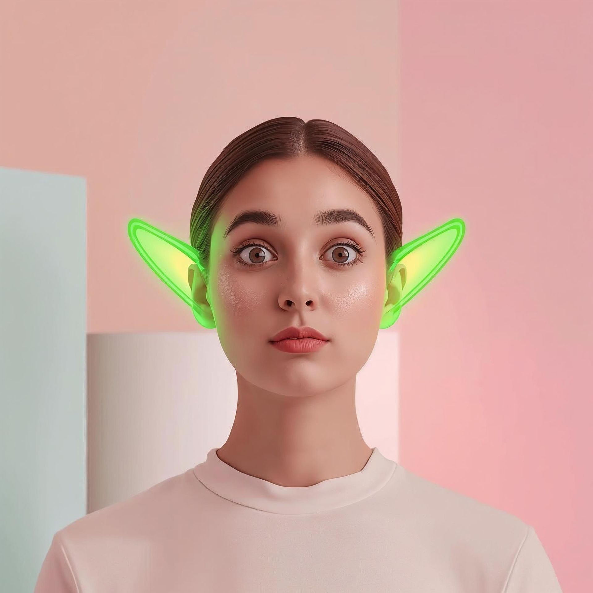 Frau mit großen Augen und leuchtend grünen Elfenohren vor pastellfarbenem Hintergrund.