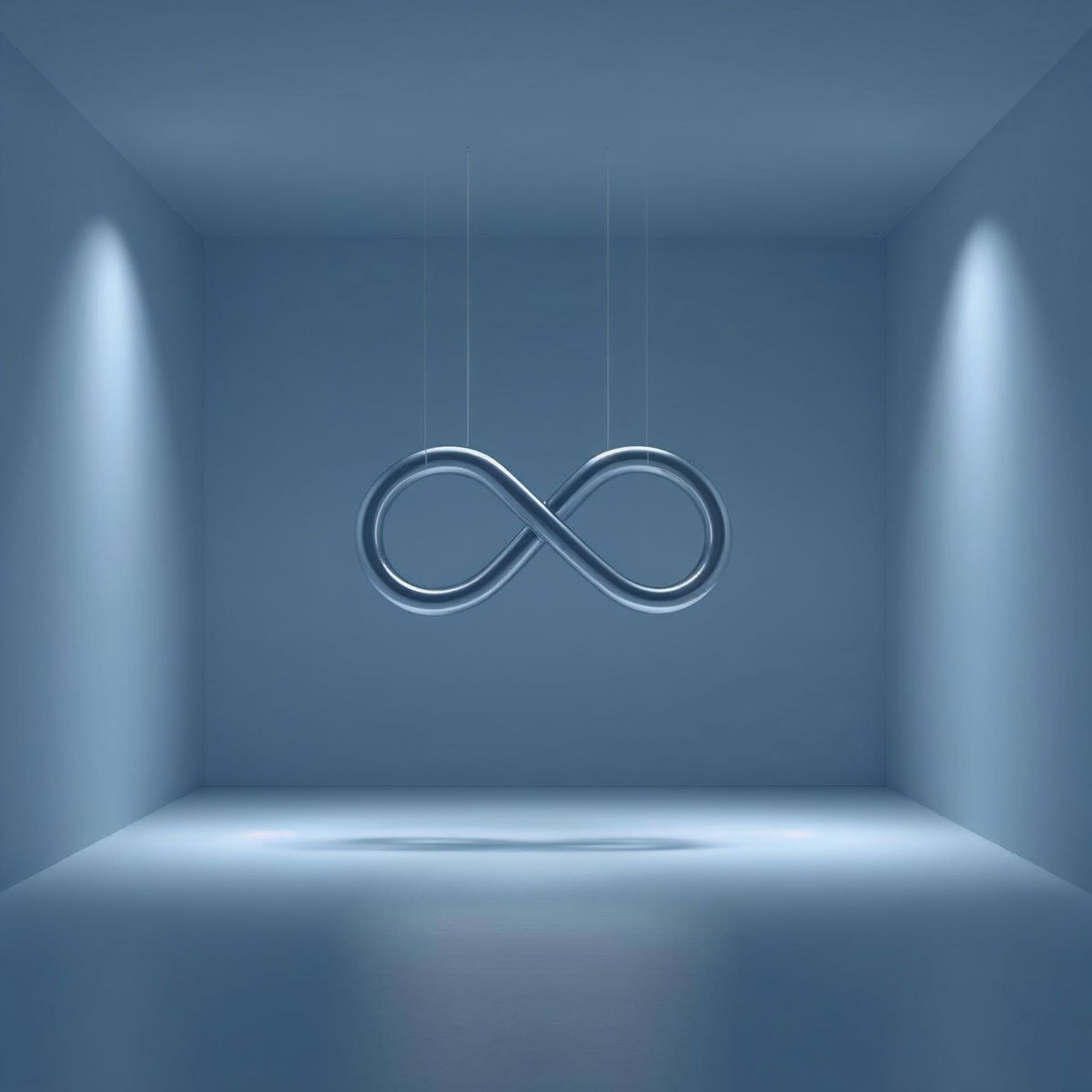 In einem minimalistischen, blau beleuchteten Raum hängt ein Unendlichkeitssymbol.