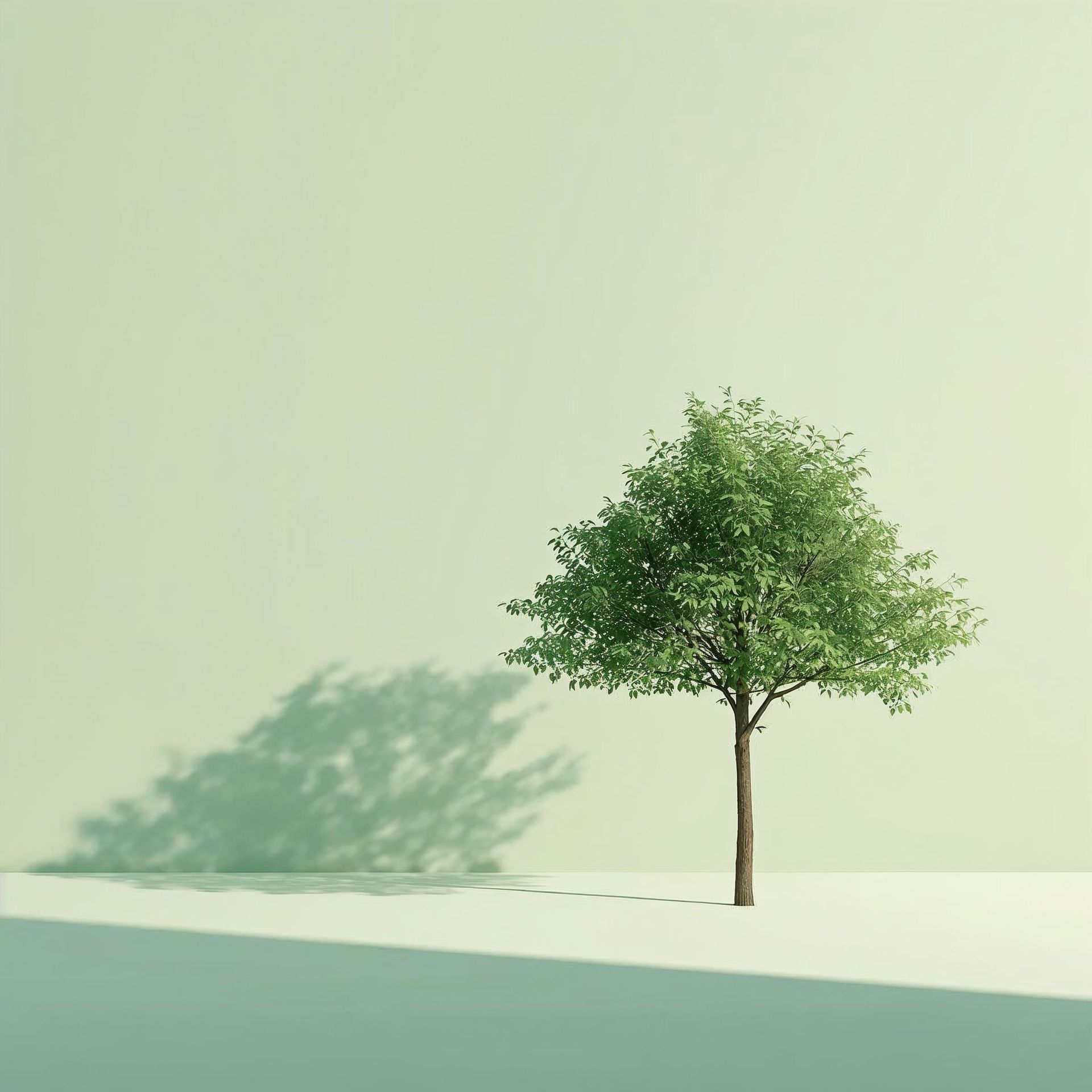 Ein einzelner Baum mit grünen Blättern und braunem Stamm wirft einen Schatten auf eine hellgrüne Fläche.