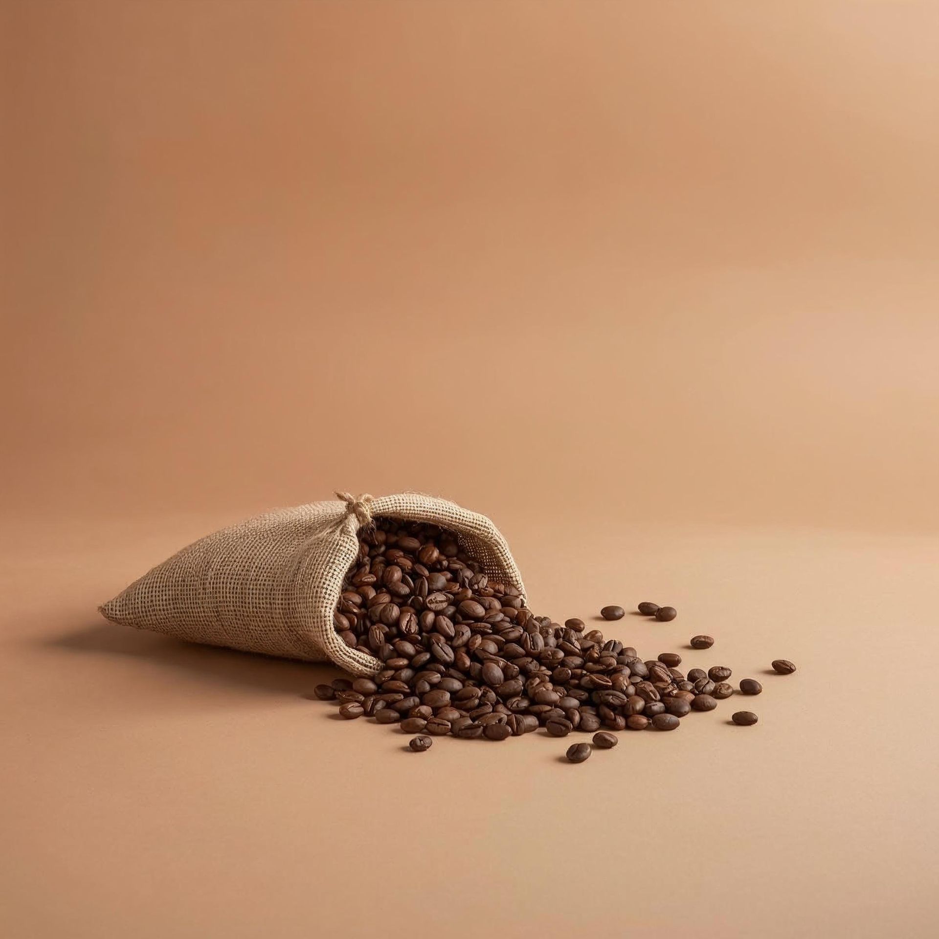 Kaffeebohnen rieseln aus einem gewebten Sack auf eine beige Fläche.