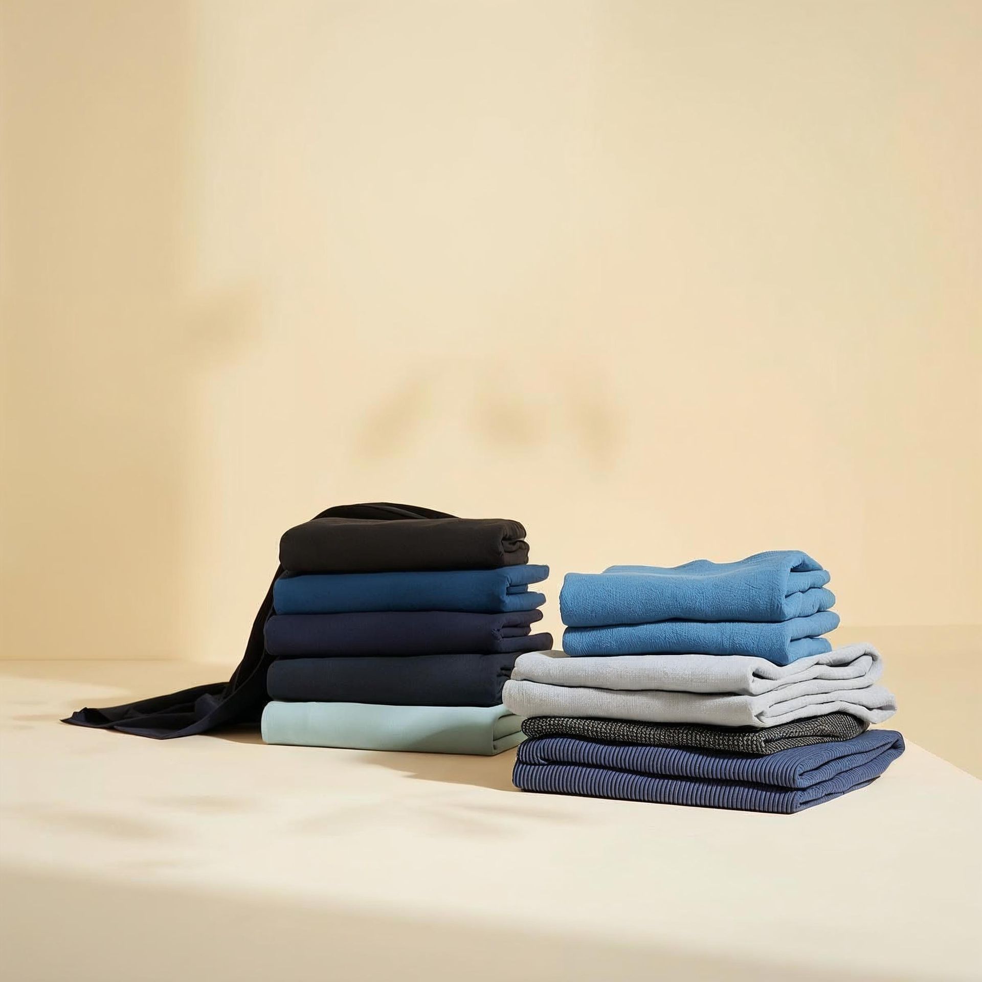 Stapel gefalteter, verschiedenfarbiger Kleidungsstücke auf neutralem Untergrund, unter warmem Licht.