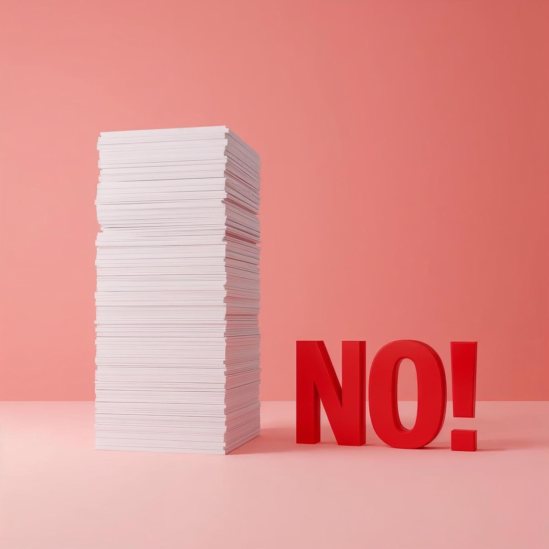 Ein hoher Stapel weißer Blätter neben einem großen roten Ausrufezeichen „NEIN!“ auf rosa Hintergrund.
