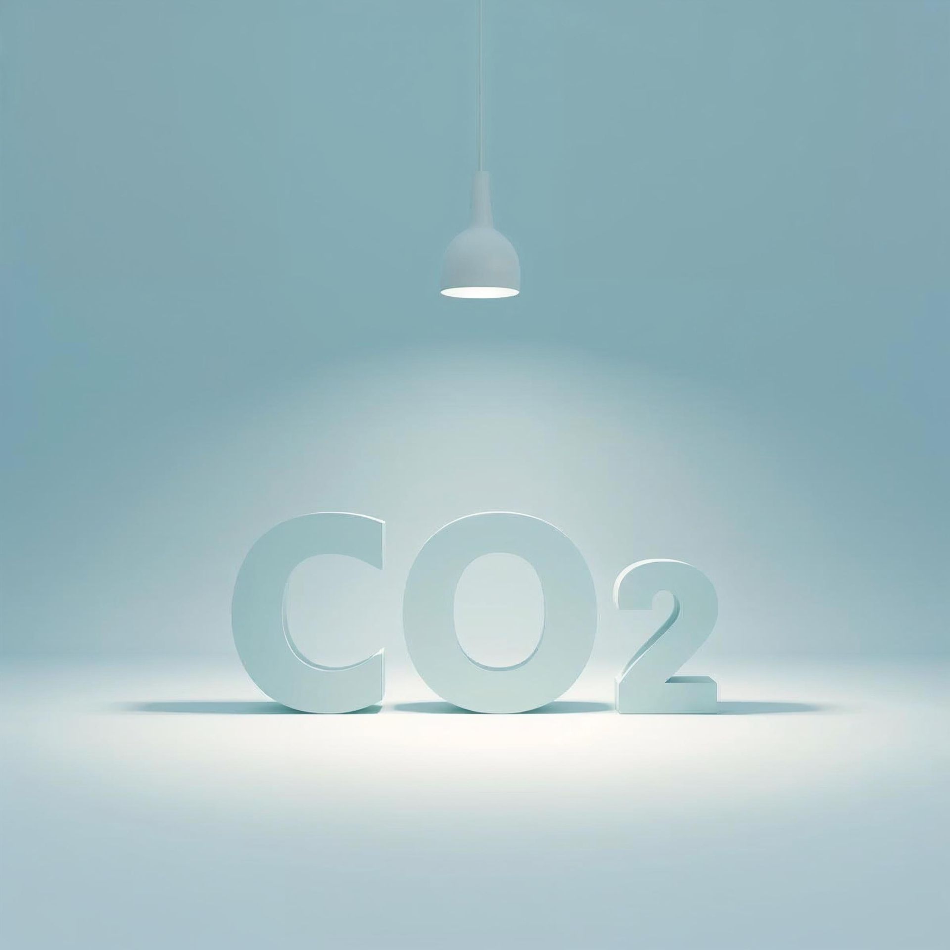 Eine Lampe beleuchtet die Buchstaben „CO2“ auf einer hellblauen Fläche.