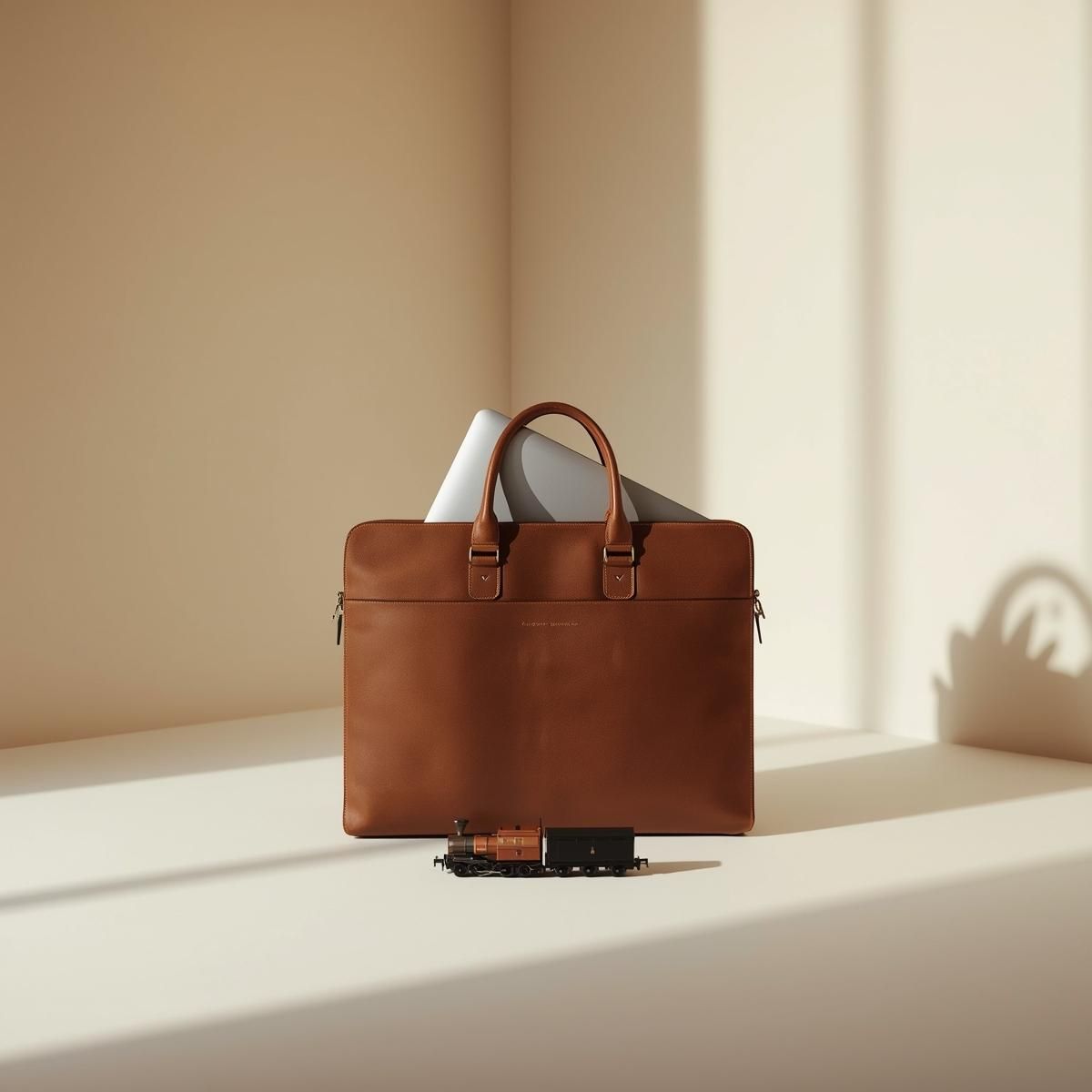Braune Lederaktentasche mit Laptop, Miniatur-Eisenbahn vor neutralem Hintergrund.
