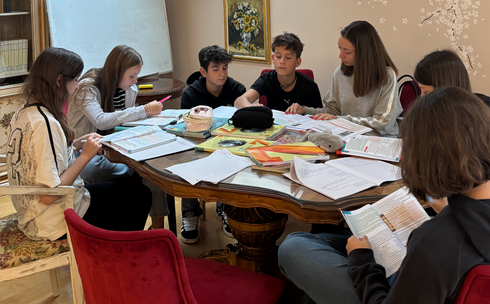 Un baiat de scoala primara lucrand inmultiri cu materiale Montessori la scoala primara a Liceului Montessori Cluj