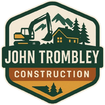 Logo for John Trombley Construction: excavator, house, trees, mountains, green, brown, and yellow.