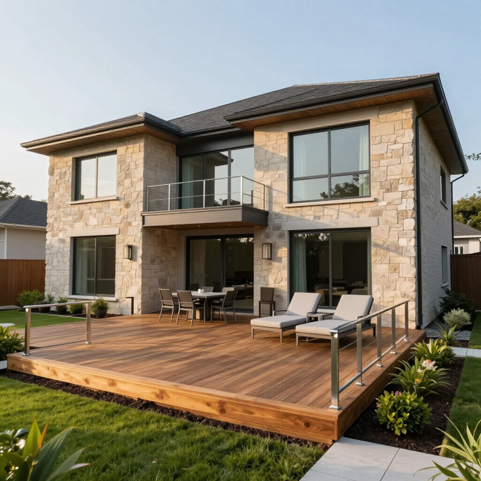 Modern two-story stone house with a large wooden deck, patio furniture, and landscaped yard