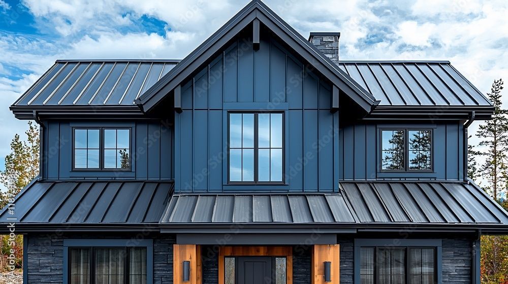 A large blue house with a metal roof and a lot of windows.
