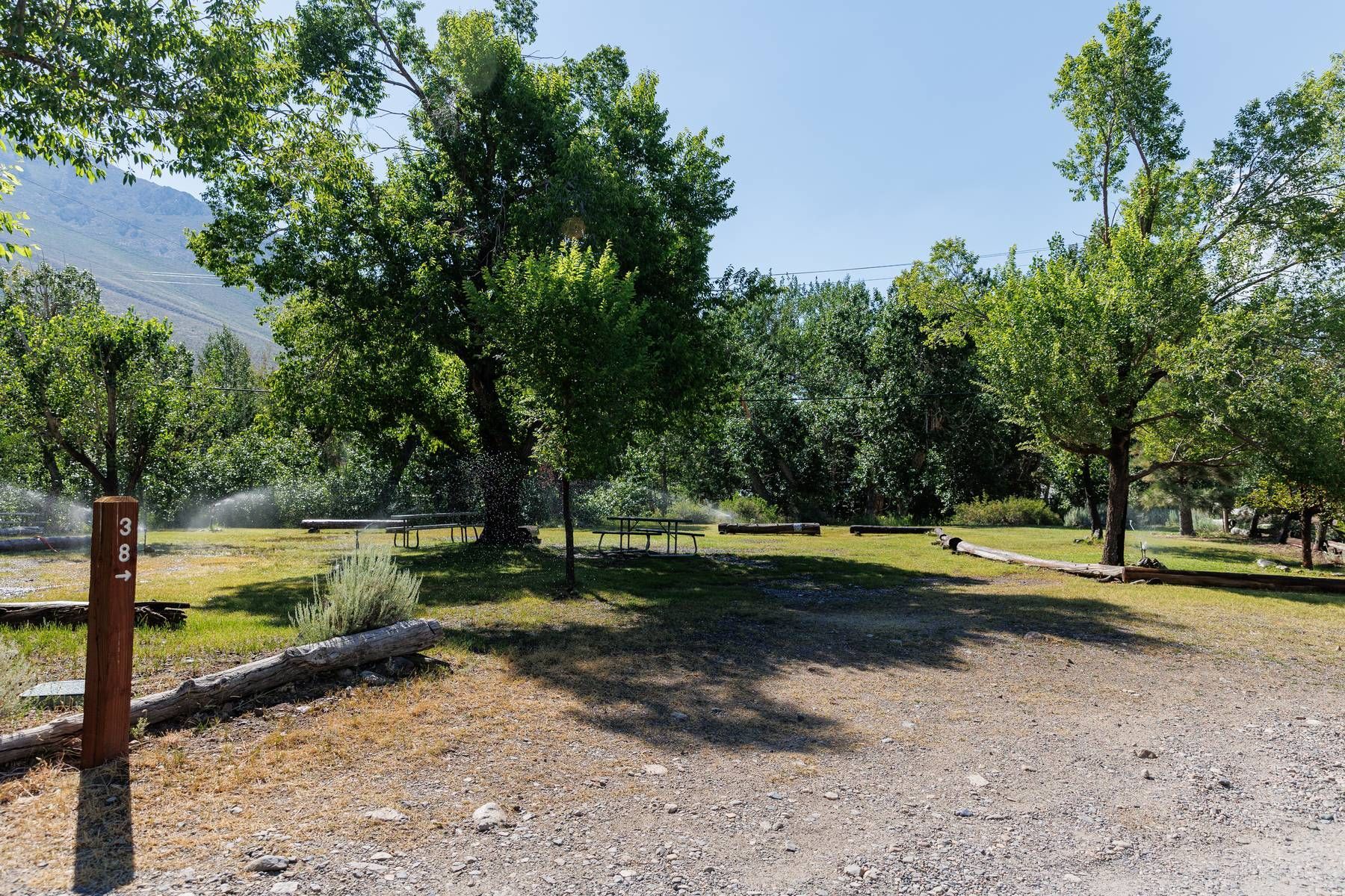A dirt road leading to a park with trees and mountains in the background.