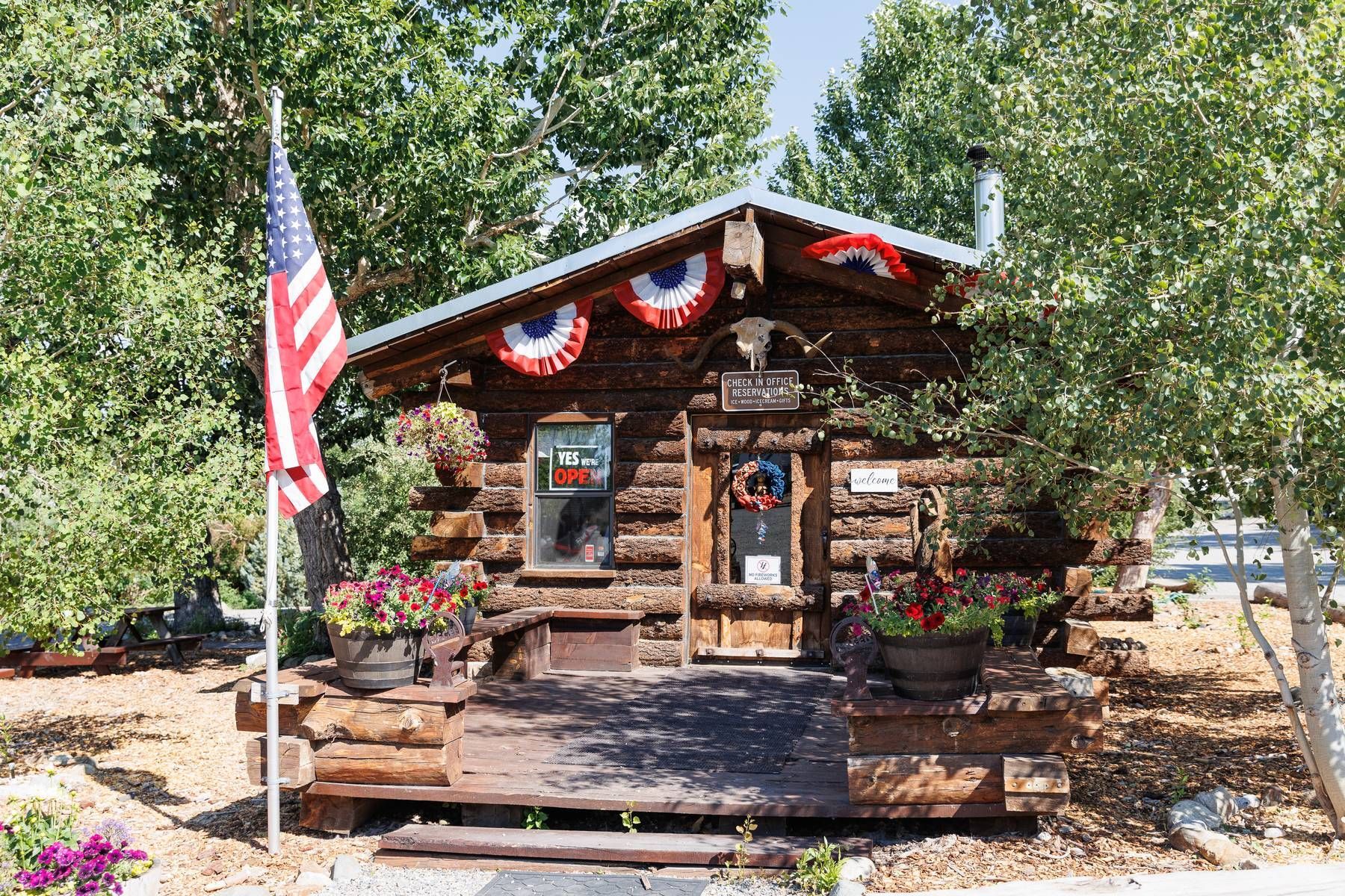 A small log cabin with an american flag on top of it.fish icon