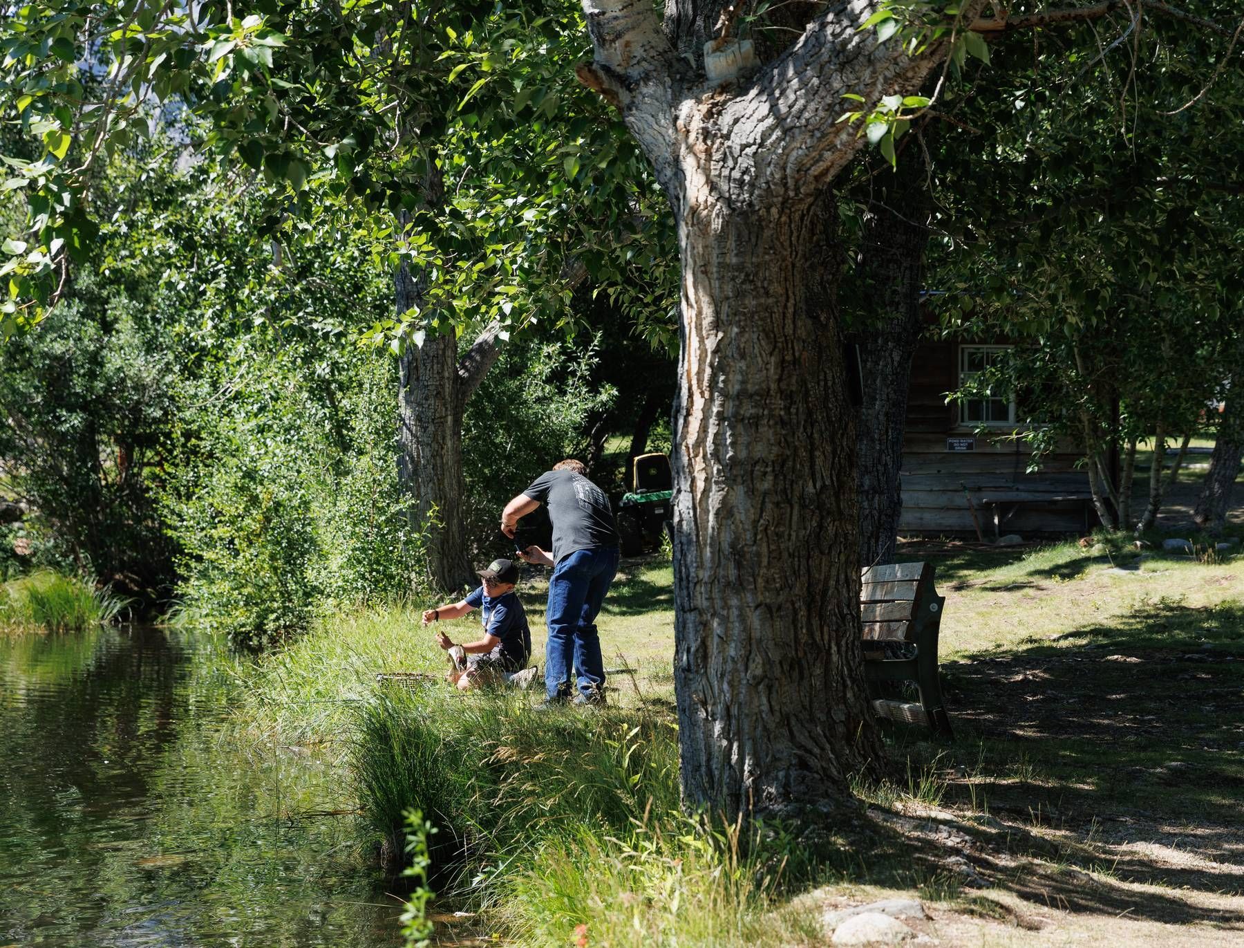 A man and a child are fishing in a river.