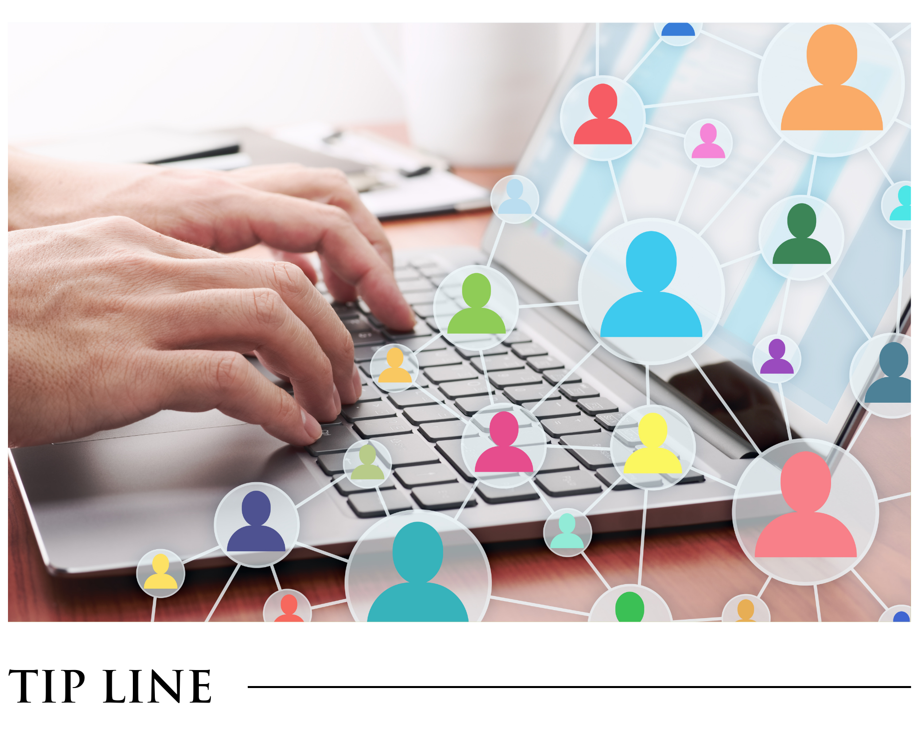 A person is typing on a laptop computer with icons of people on the screen.