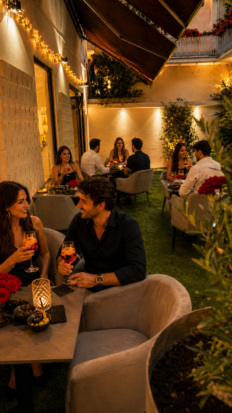 Posti a sedere all'aperto del ristorante con sedie in vimini e tavolini rotondi, decorati con fiori.
