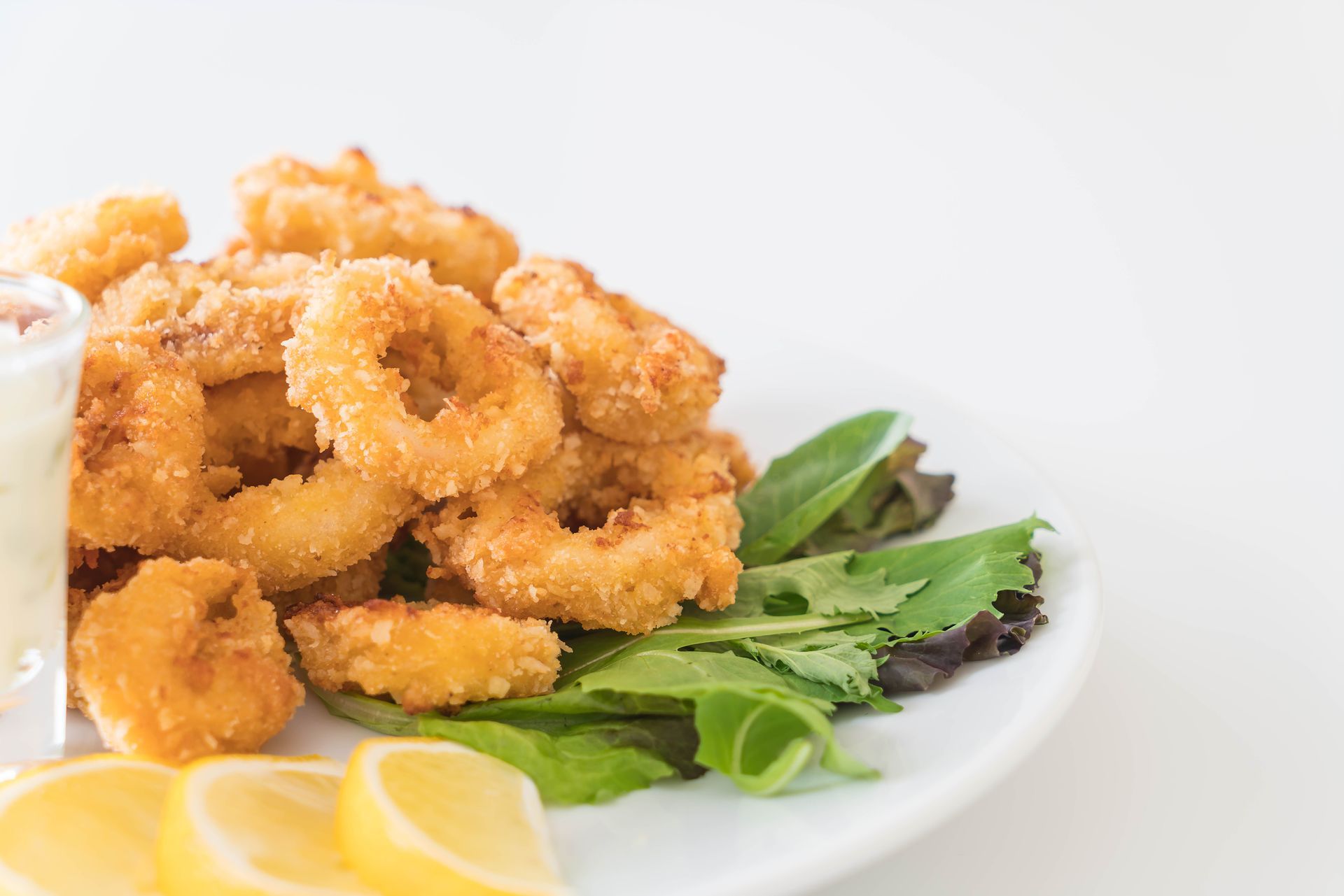 Anelli di calamari fritti su un piatto con verdure, fette di limone e salsa.