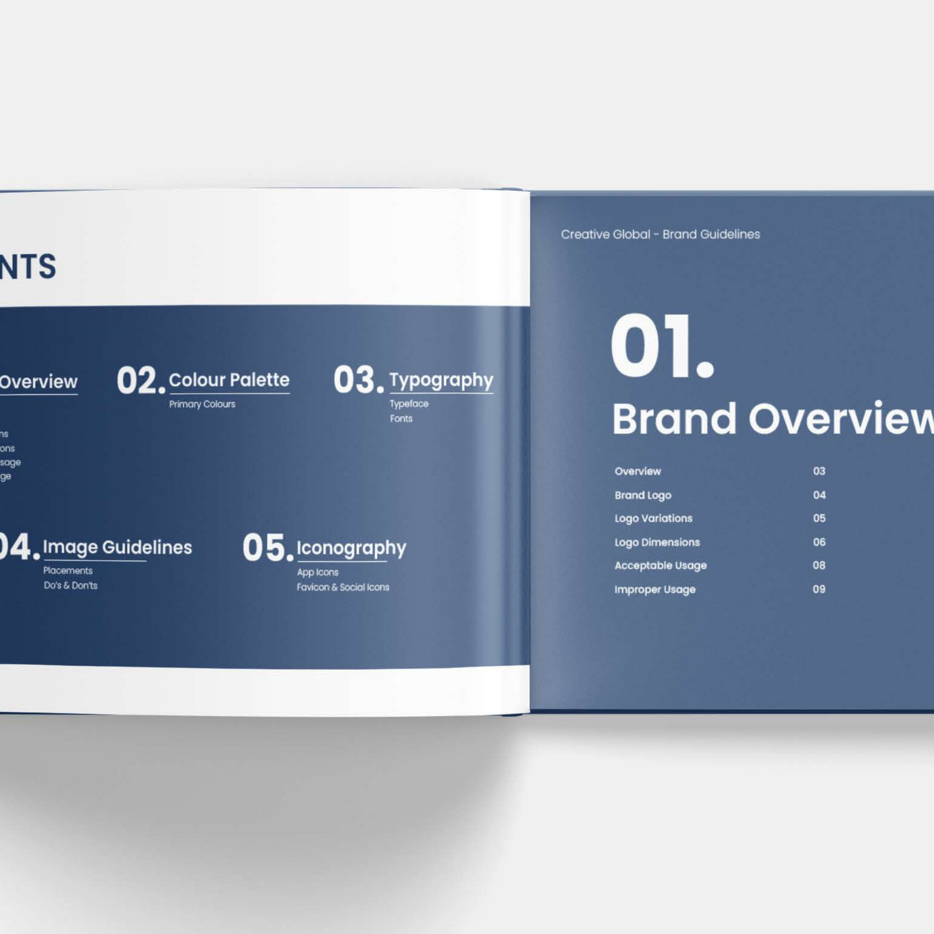 A book is open to a page that says brand overview