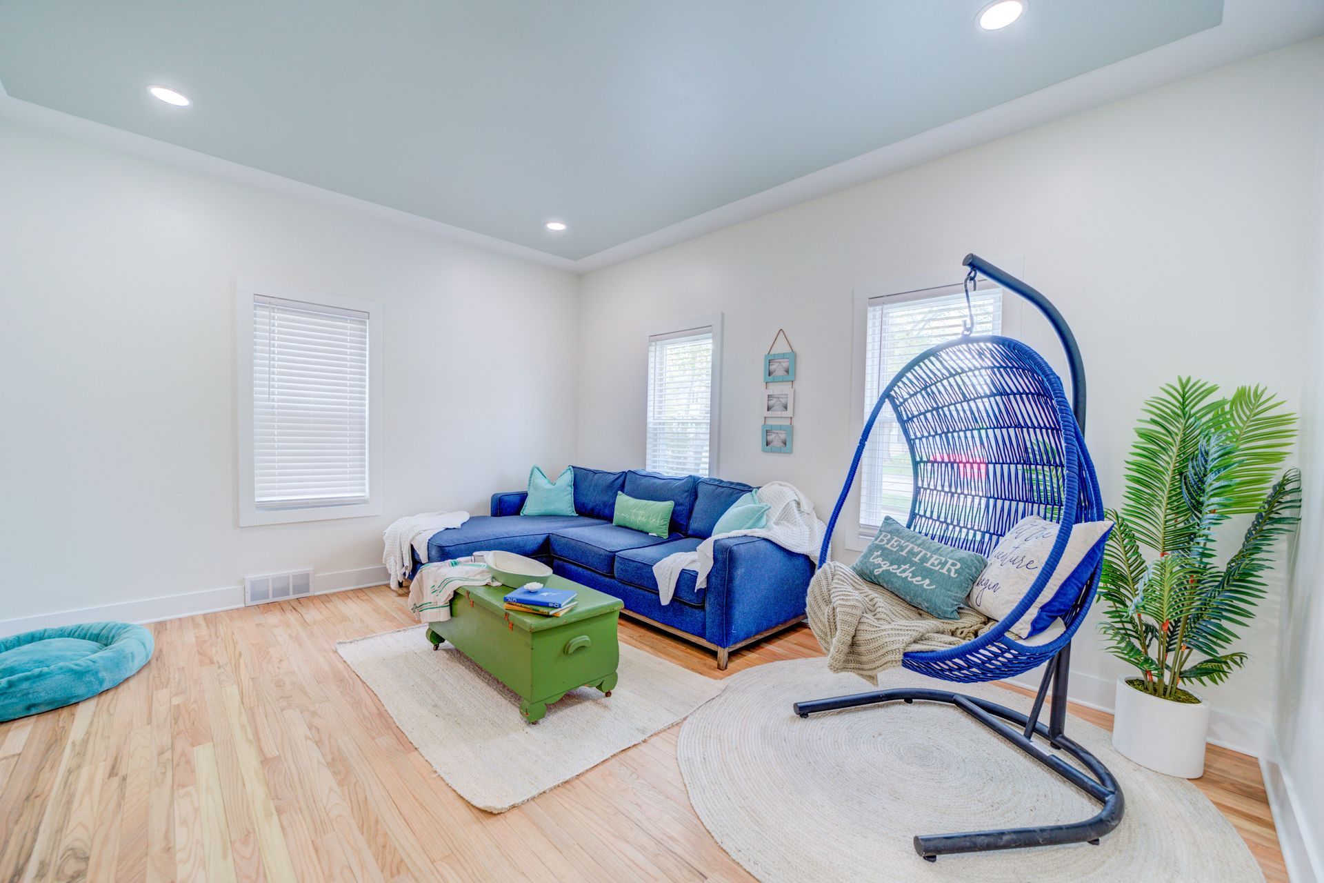 A living room with a blue couch and a blue hanging chair.