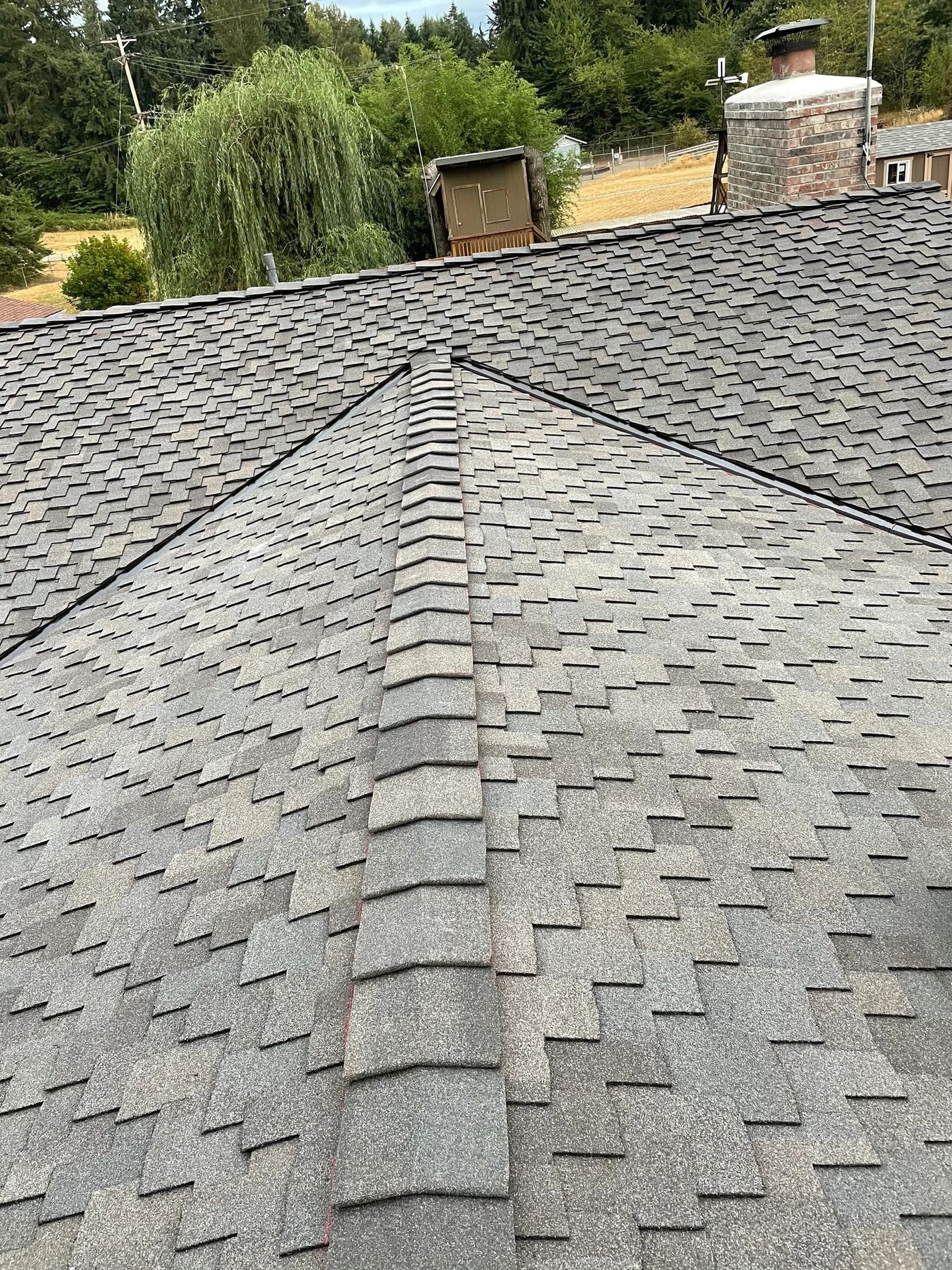 A close up of a roof with a chimney and trees in the background.