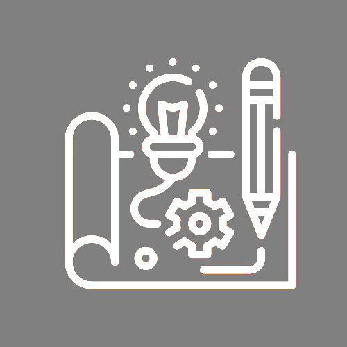 Blueprints, lightbulb, and gears representing SOUND CRAWLS's custom drainage solutions and innovative planning.