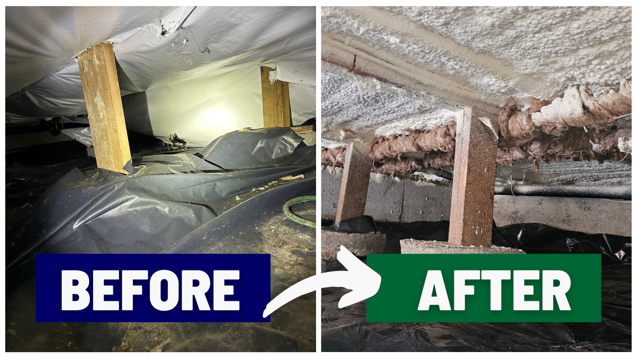 Before and after images of a crawlspace showing the transformation after spray foam insulation and wrapping of ducts and pipes. The before image shows an unfinished crawlspace, while the after image highlights sealed and insulated areas with spray foam and wrapped pipes, improving energy efficiency and protection.