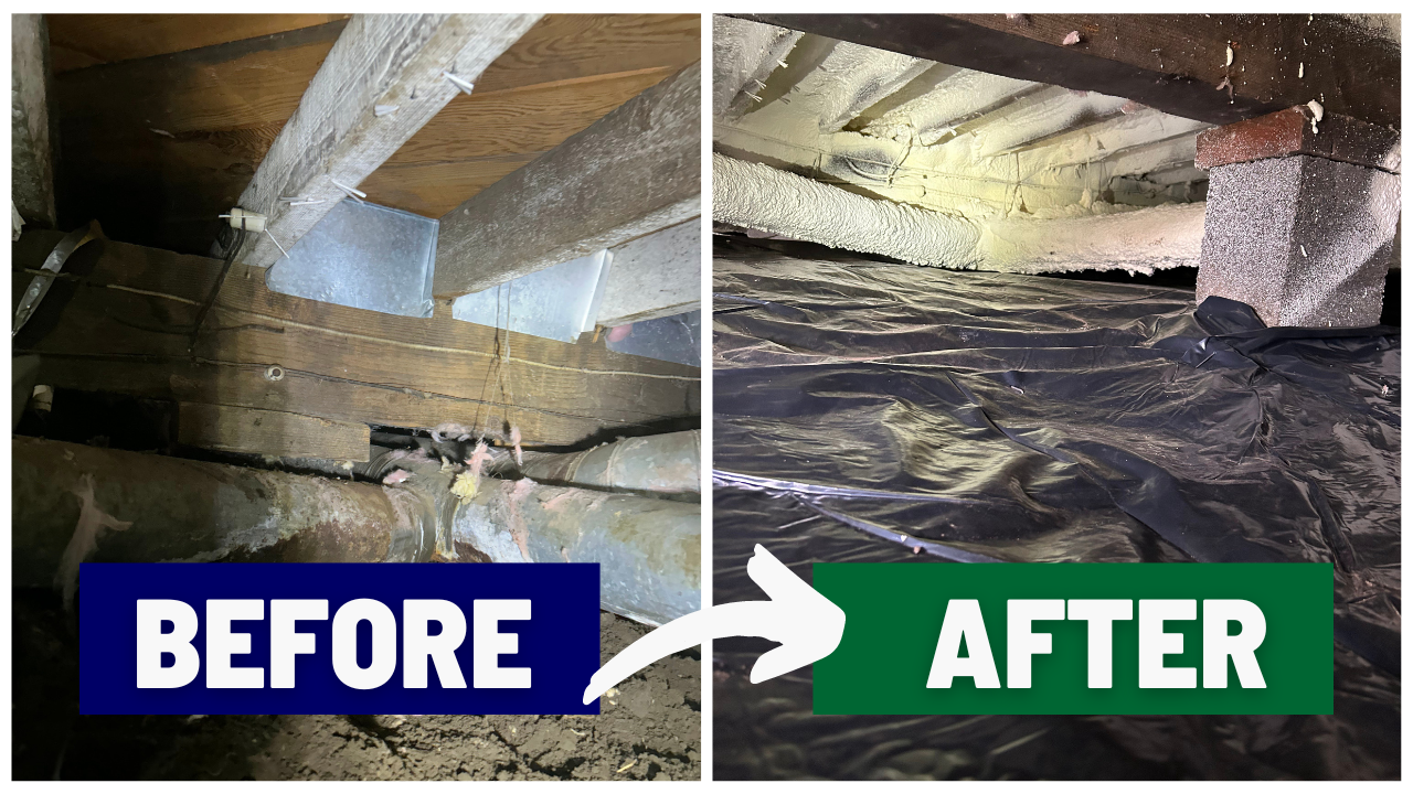 Before and after images of a crawlspace transformed with the installation of a vapor barrier and spray foam insulation by Sound Crawls. The 'before' image shows exposed wood and unprotected pipes, while the 'after' image highlights a sealed and insulated crawlspace with a vapor barrier to prevent moisture and improve energy efficiency.