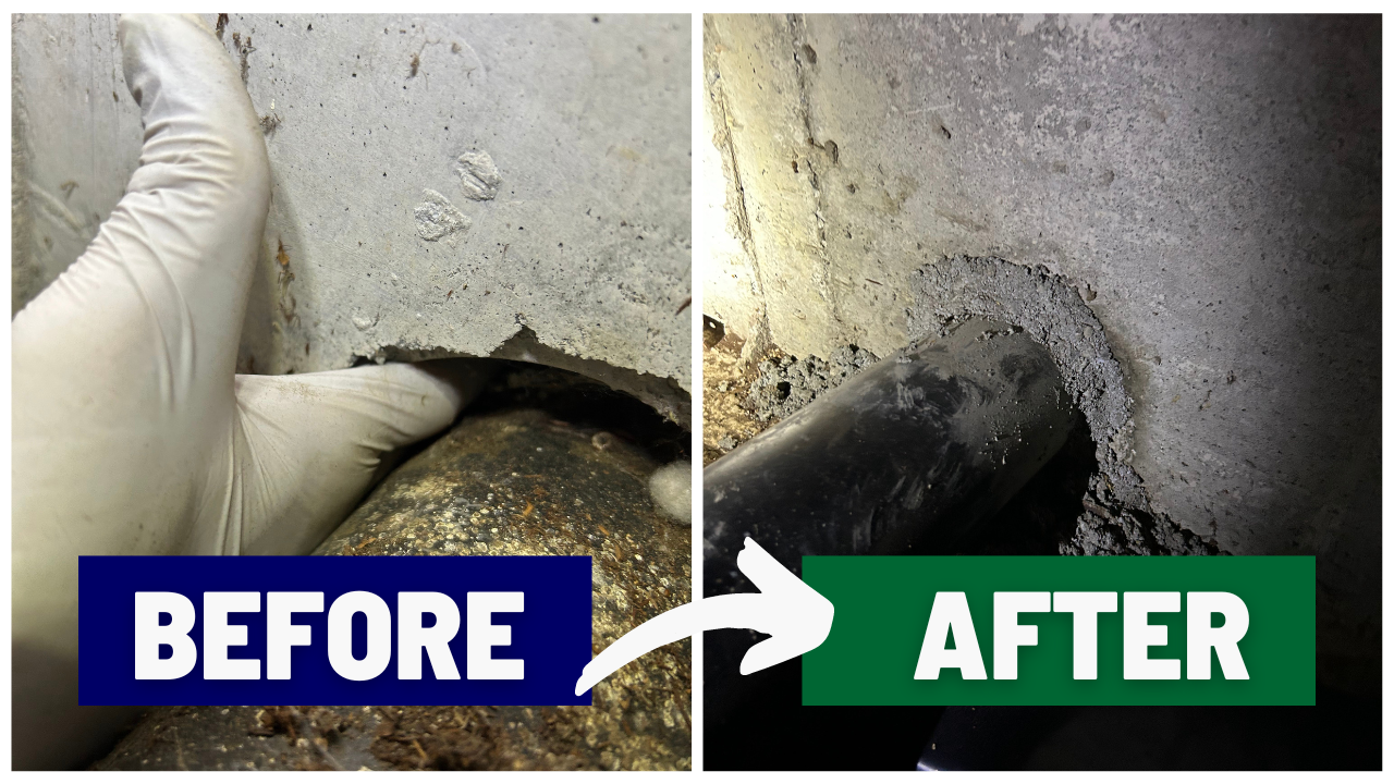 Before and after images showing Sound Crawls' pest exclusion service. The before picture highlights a gap around a pipe penetration, while the after image shows the gap expertly sealed to prevent pest entry.