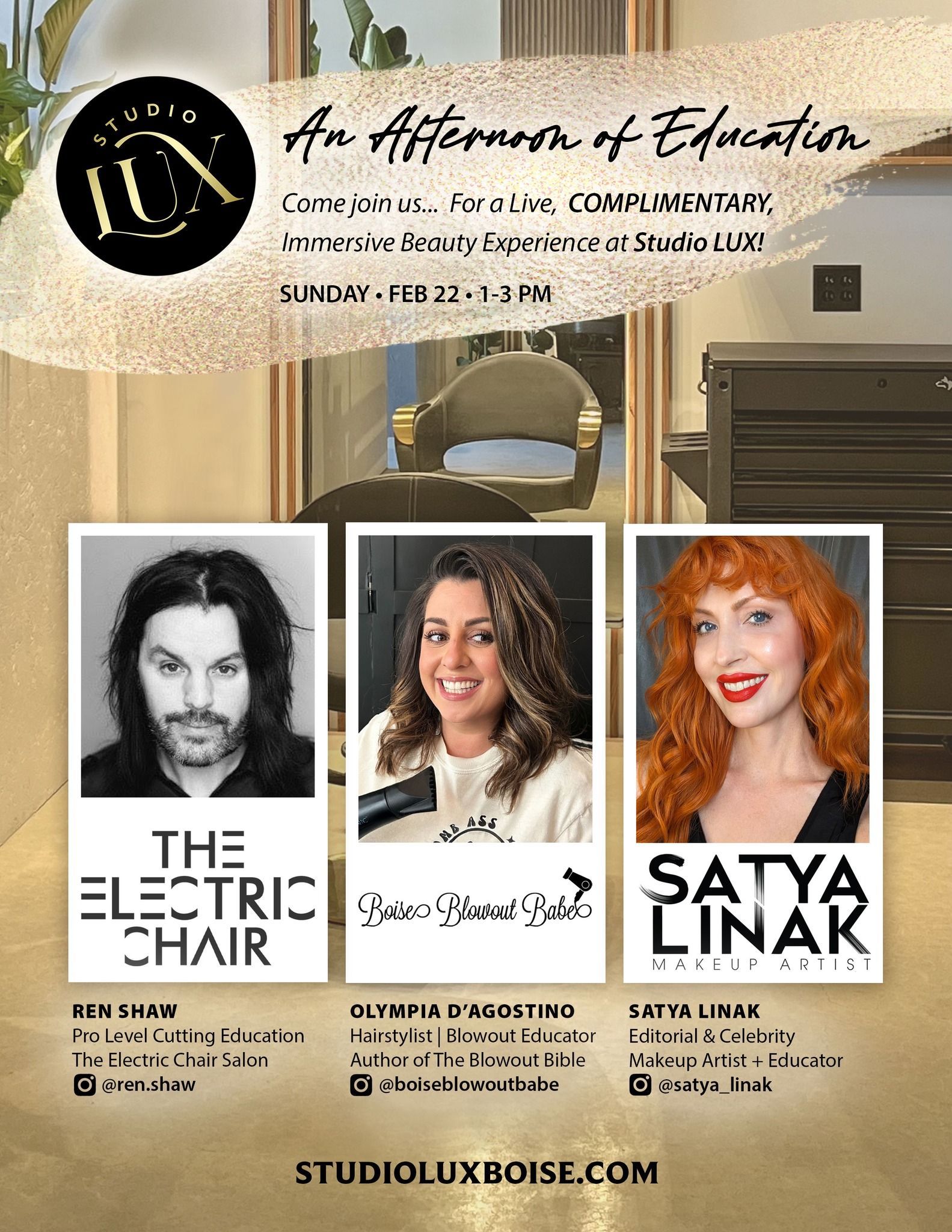 Soft opening announcement for Studio Lux, a salon in Boise. Includes a woman's face, details, and date/time.