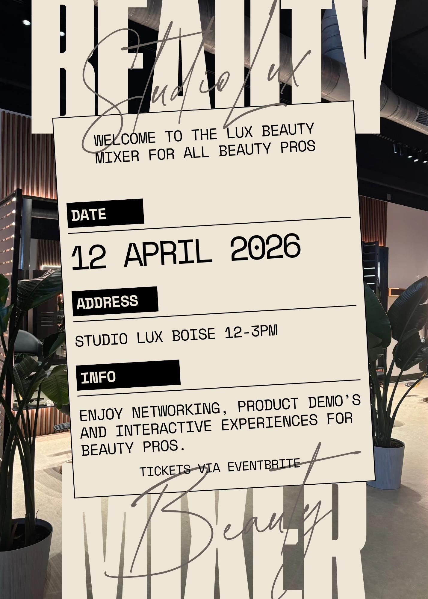 Soft opening announcement for Studio Lux, a salon in Boise. Includes a woman's face, details, and date/time.