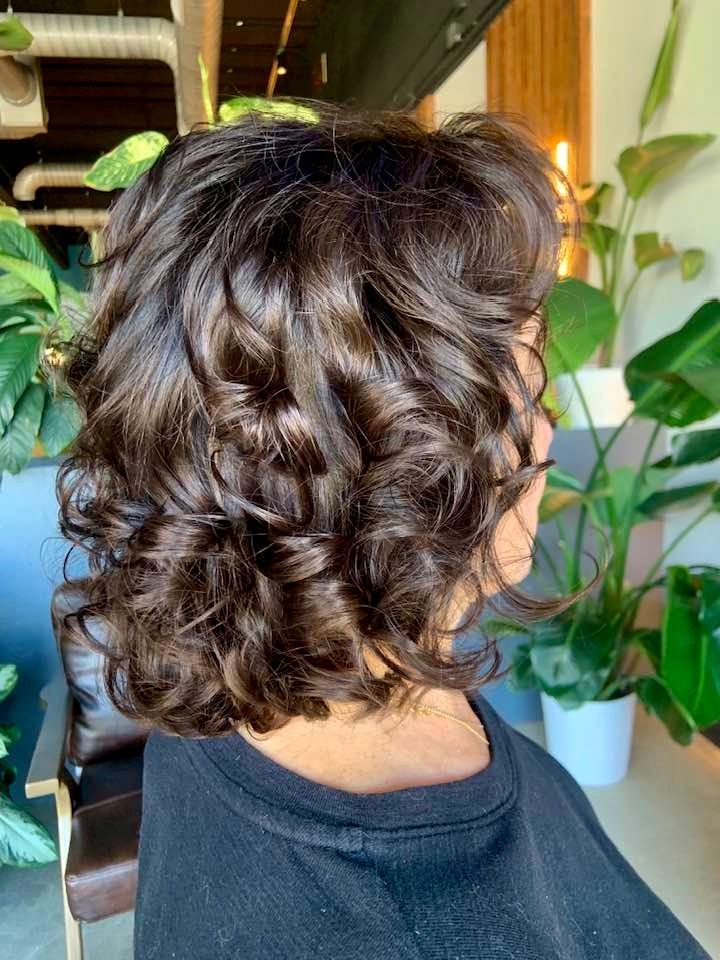 Woman with dark, curly hair styled into a voluminous bob. Back view, indoors with plants in background.