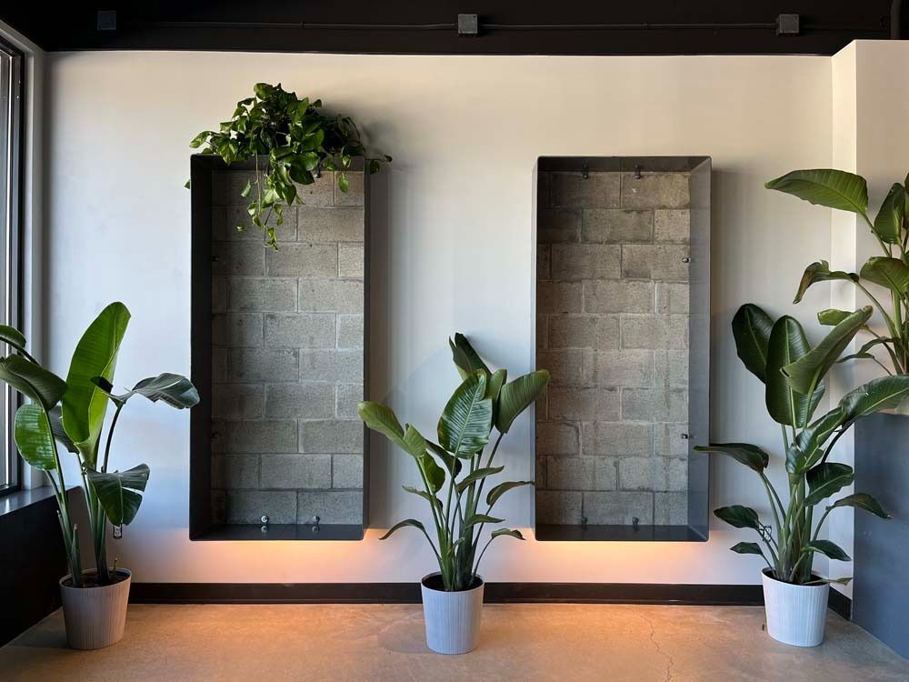 Interior with potted plants and brick-filled wall niches, lit with warm light.
