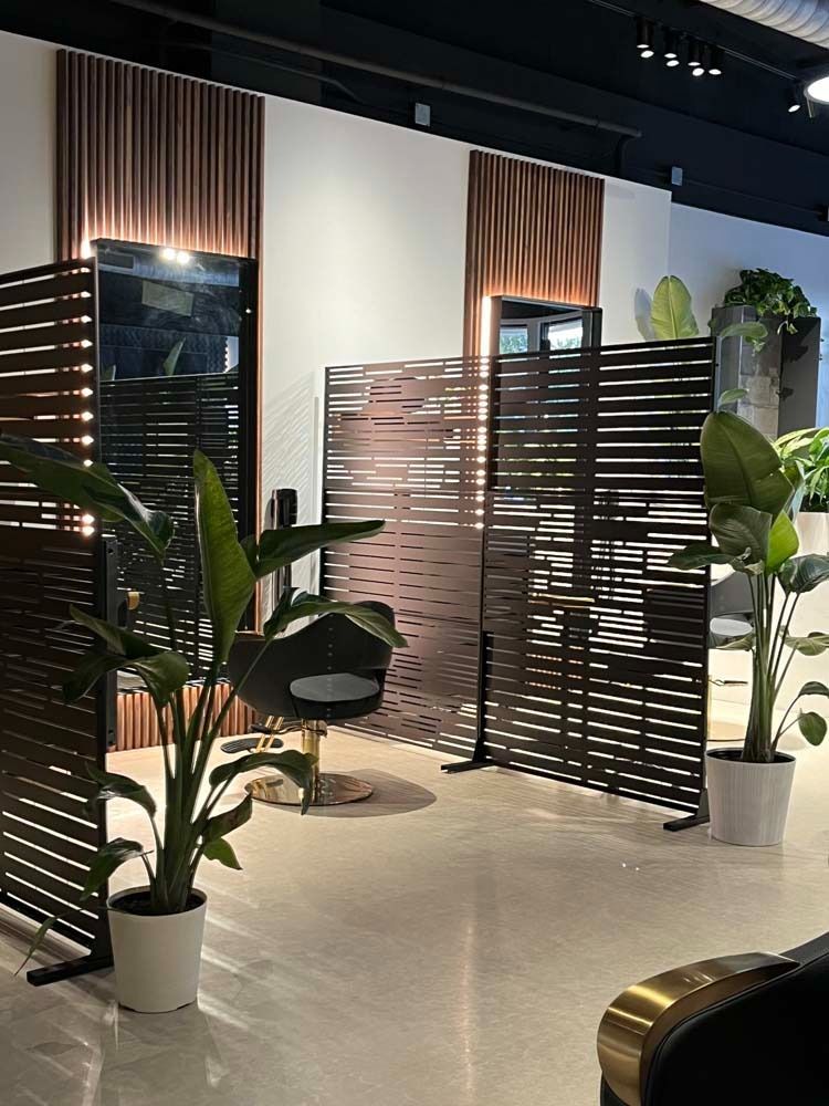 Hair salon interior with mirrors, dividers, plants, and seating.