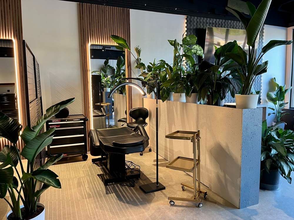 Hair salon interior with styling chair, mirrors, plants, and tool cart.