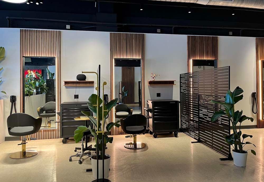 Salon interior with mirrors, chairs, and potted plants. Black and gold accents.