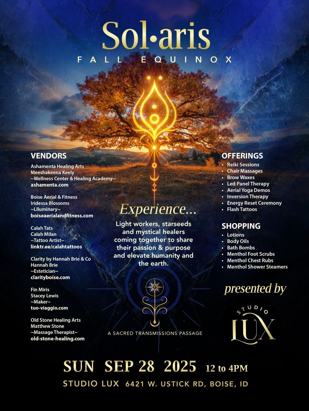 Poster for Sol-aris Fall Equinox. Includes vendors, offerings, shopping, and event details: Sun Sep 28, 2025 at Studio Lux in Boise, ID.