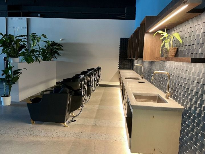 Hair salon interior with wash stations, plants, sinks, and decorative wall.