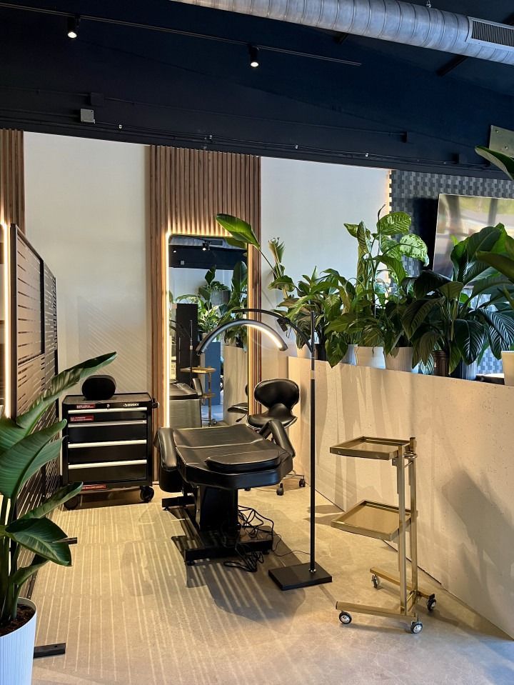 Interior of a salon with a black barber chair, large mirror, and plants.