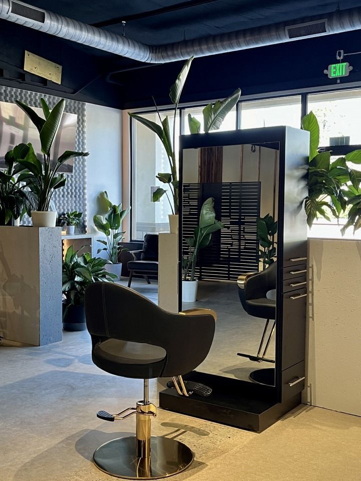 Hair salon interior with a styling chair, tall mirror, and potted plants.