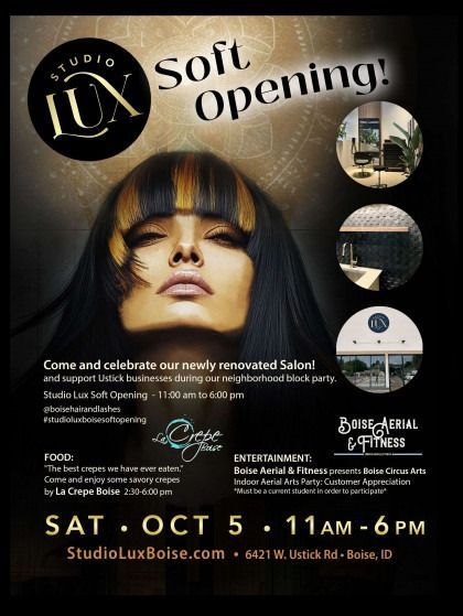 Soft opening announcement for Studio Lux, a salon in Boise. Includes a woman's face, details, and date/time.