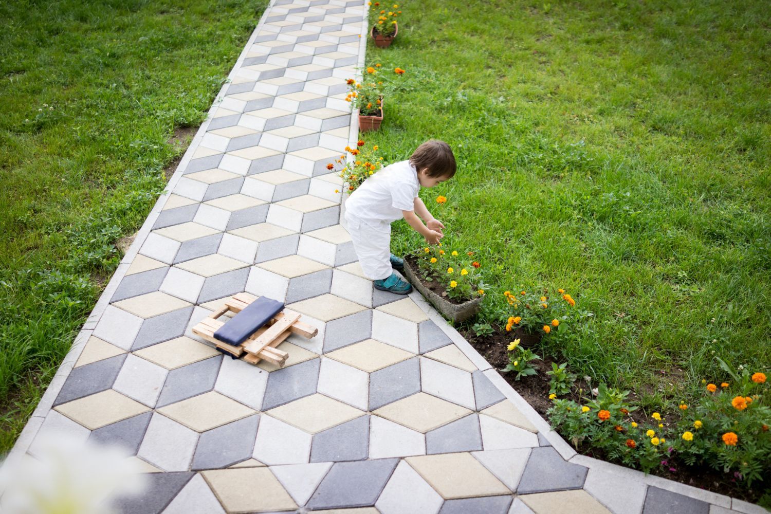 A little boy is playing with flowers on a sidewalk.