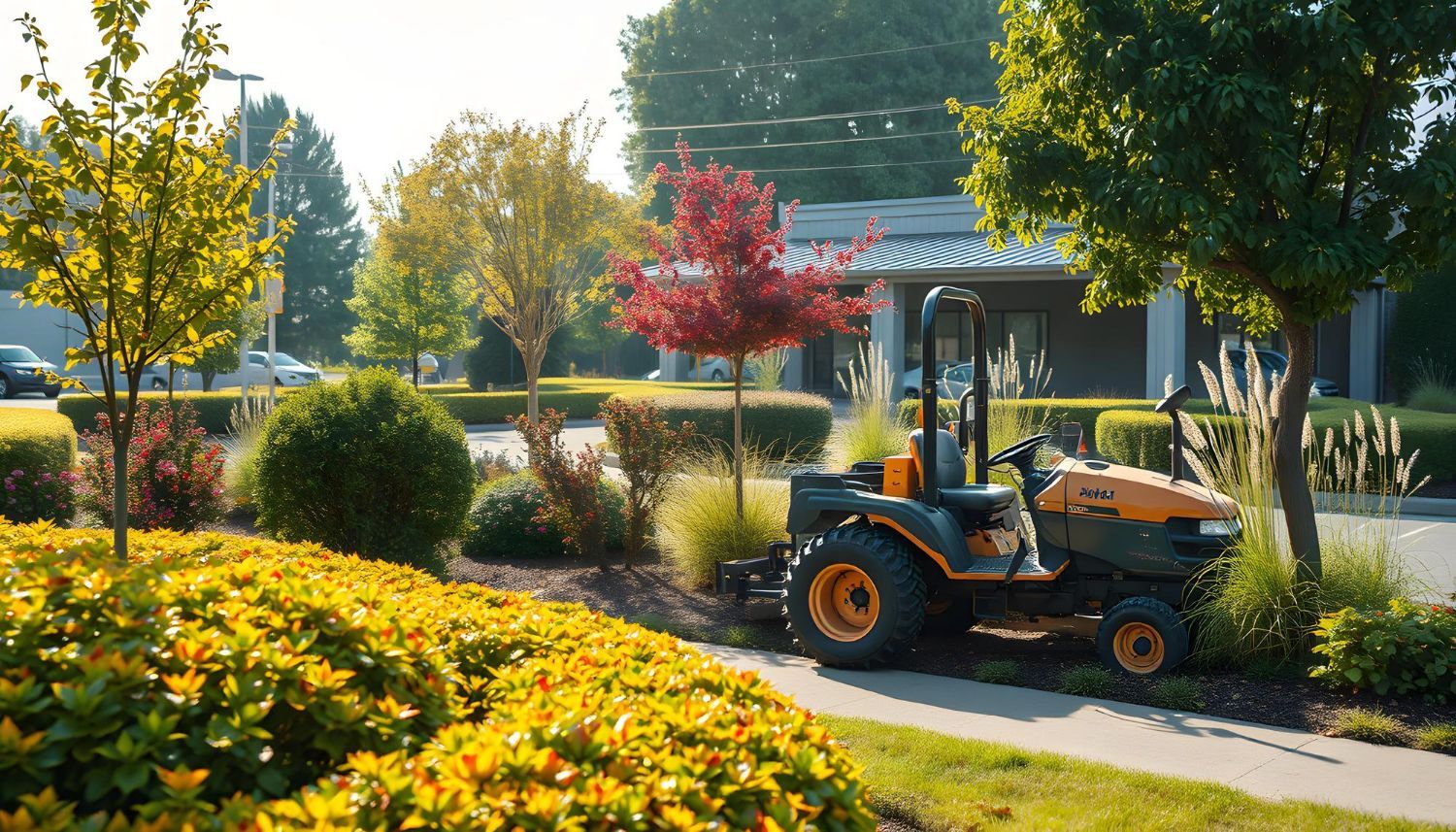 Tractor mowing grass on a sunny day next to manicured landscaping with bushes and colorful trees.
