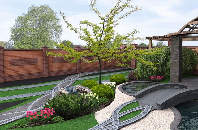 a 3d rendering of a garden with a pond and a pergola .