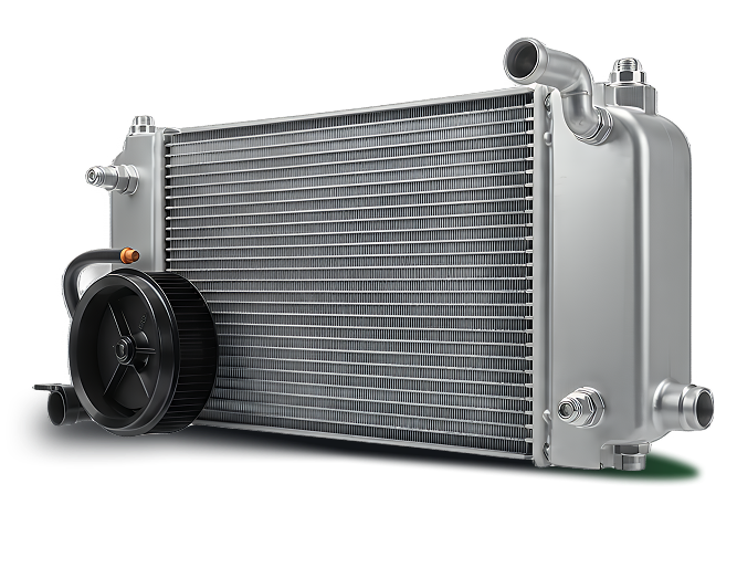 Silver radiator with attached black fan, featuring multiple tubes.