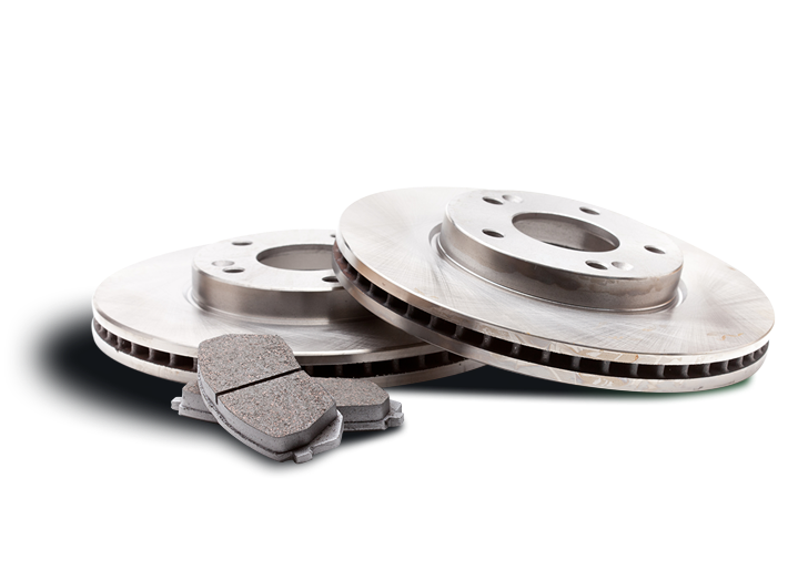 Two silver brake rotors and two brake pads on a white background.