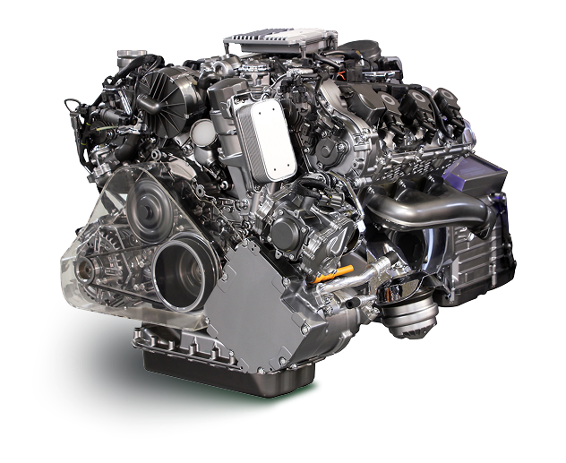 Engine, complex mechanics, metal parts, side view, various components visible.