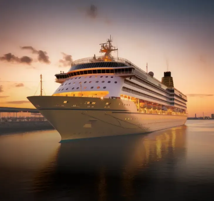 Cruise ship at dock, lit up against a sunset sky reflecting in the water.
