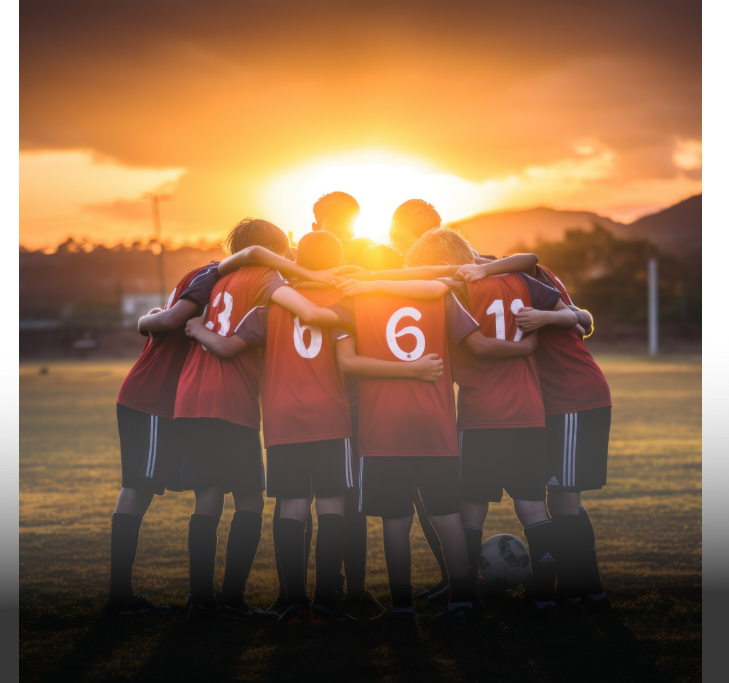 Soccer team in red jerseys huddling together on field at sunset.