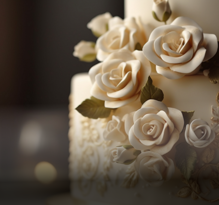 Wedding cake with ivory roses and gold decorative accents.
