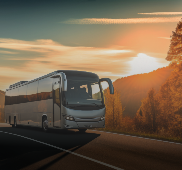 A silver tour bus drives on a road against a backdrop of mountains and a sunset.