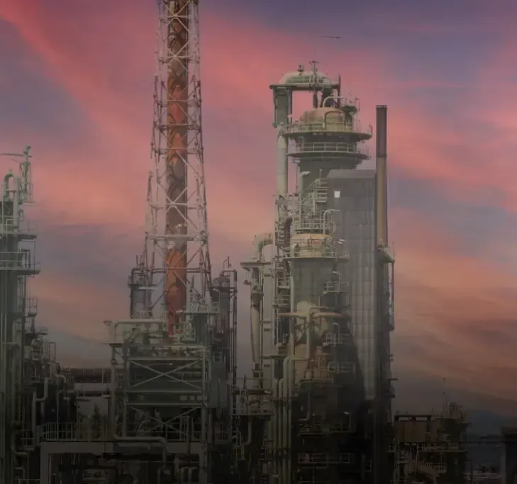 Oil refinery with tall smokestacks and pipes against a reddish-orange sunset.