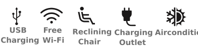 Icons for USB charging, Wi-Fi, reclining chair, charging outlet, and air conditioning.